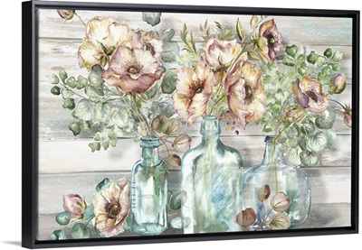 Blush Poppies and Eucalyptus in bottles landscape