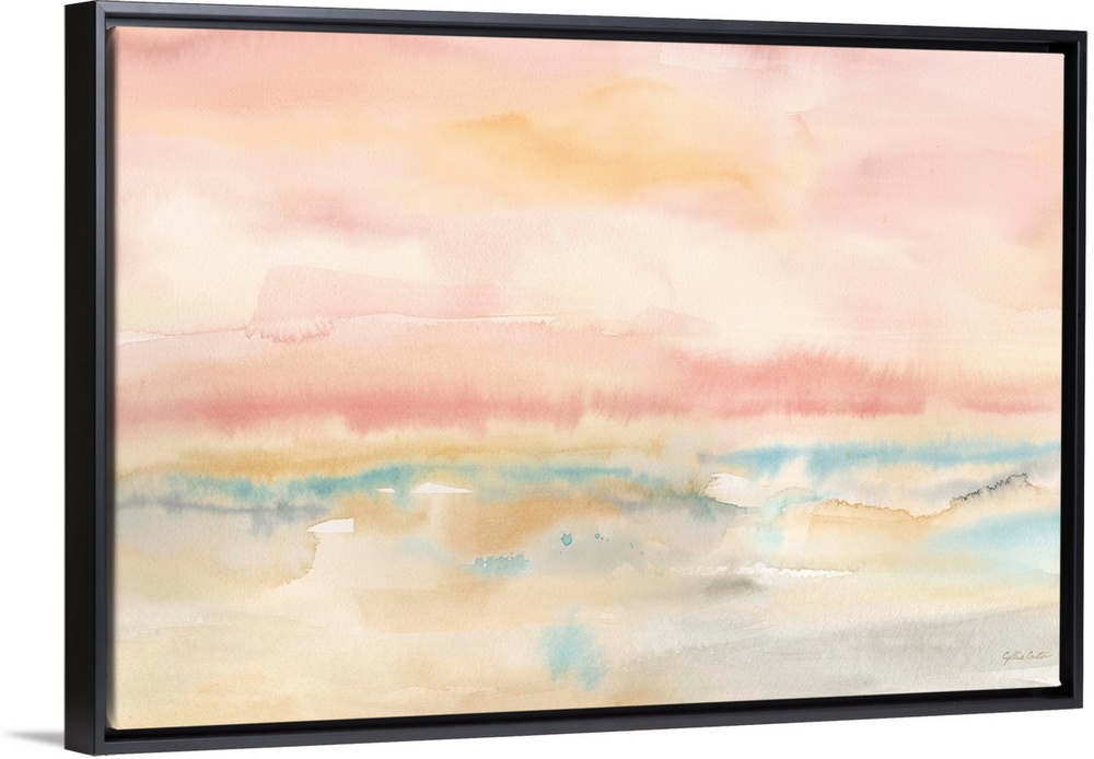 Square abstract watercolor painting in blurred brush strokes of muted tones of pink, blue and green.