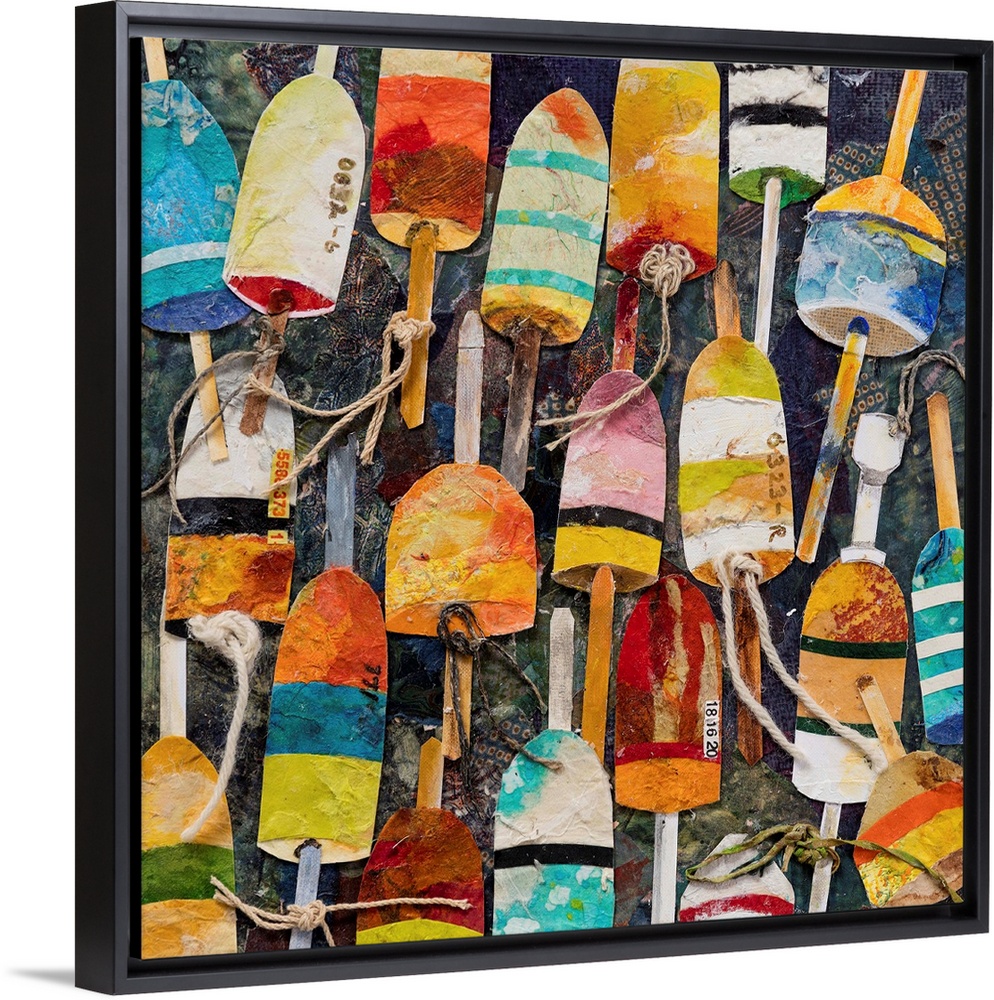 A mixed media painting of water buoys in bright, multiple colors with rope on a dark backdrop.