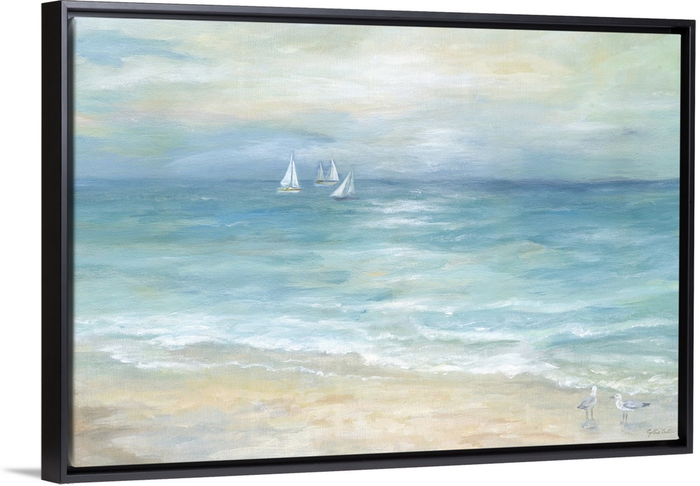 A contemporary painting of a seascape with sailboats off in the distance and shorebird walking along the beach.