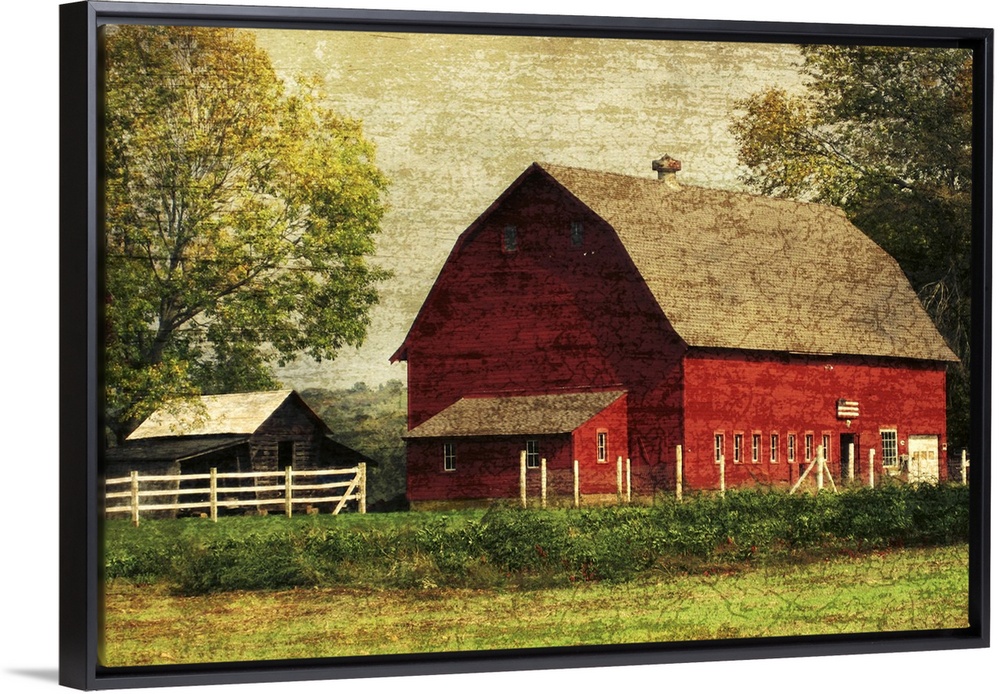 Image of a large red barn framed by trees with a vintage, distressed overlay.