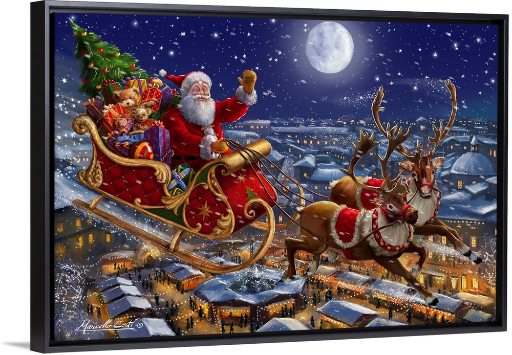 A traditional image of Santa riding his sleigh of reindeer over a town lit up with lights.