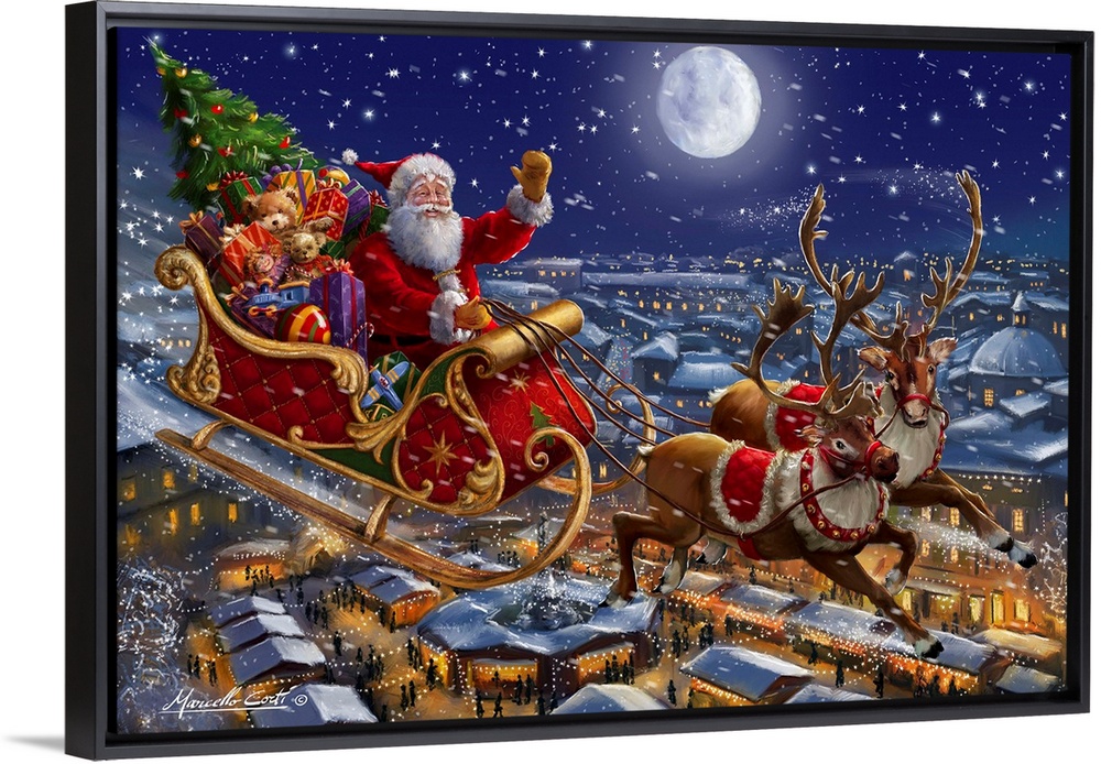 A traditional image of Santa riding his sleigh of reindeer over a town lit up with lights.