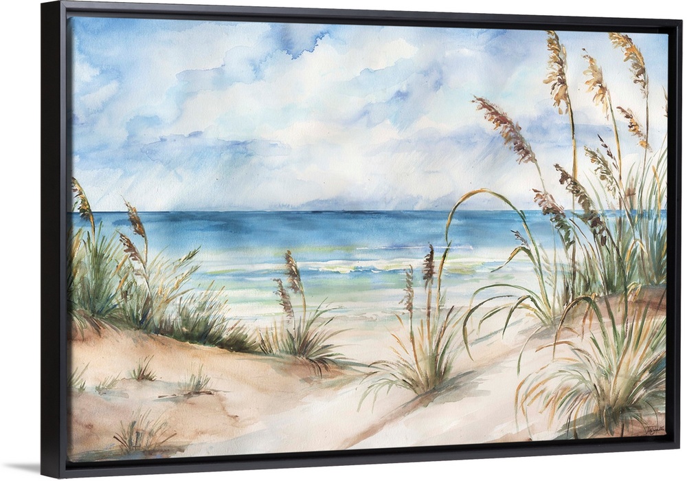 A contemporary watercolor painting of grass cover sand dunes on a beach with a blue sky above.