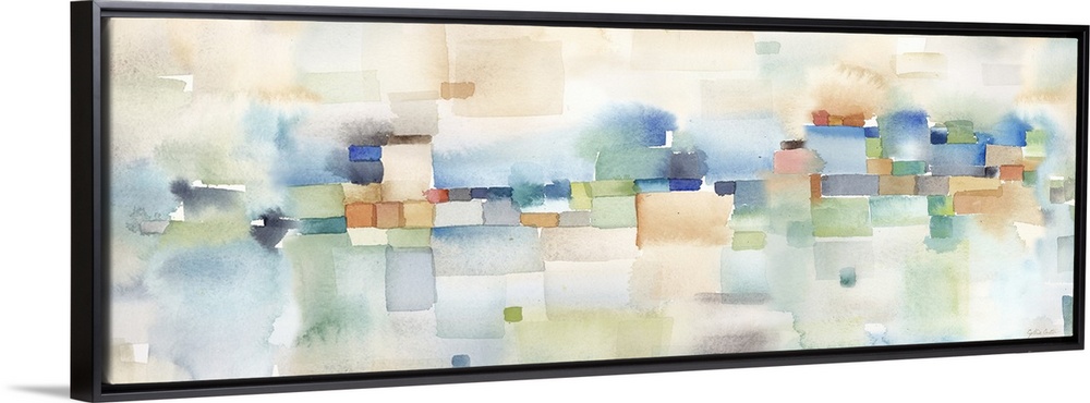 Horizontal abstract watercolor painting in blurred square shapes in muted tones of brown, blue and green.