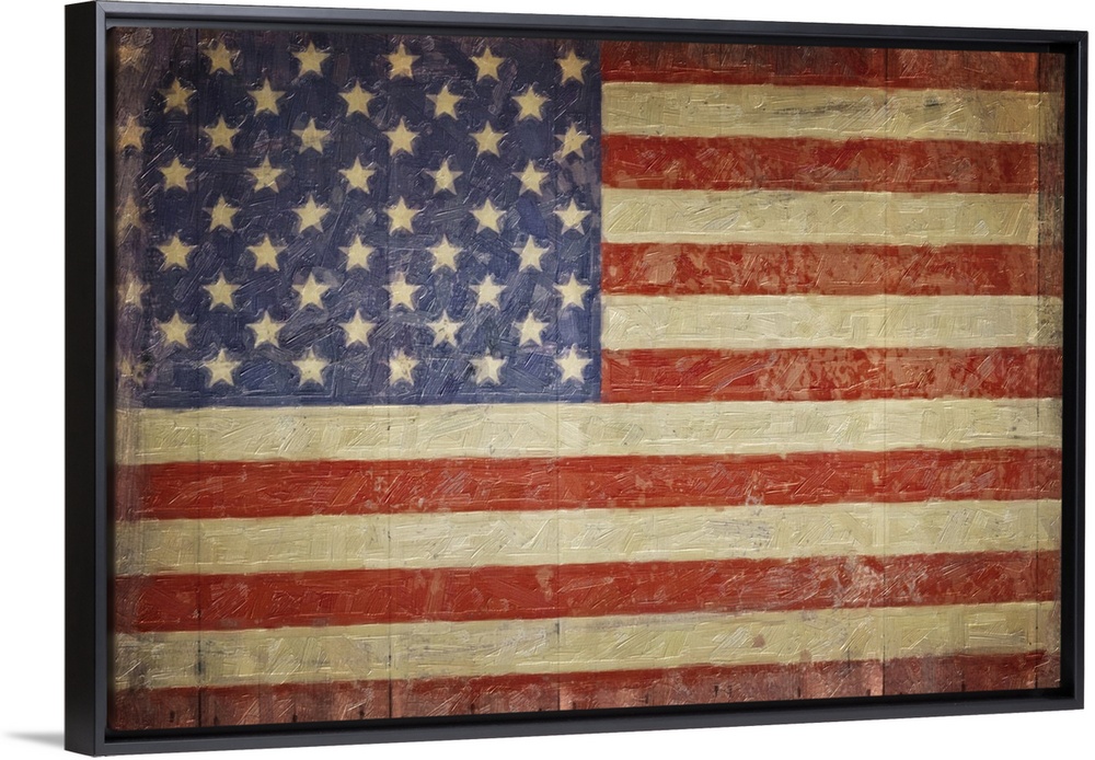 The American flag with a distress appearance on wood planks.