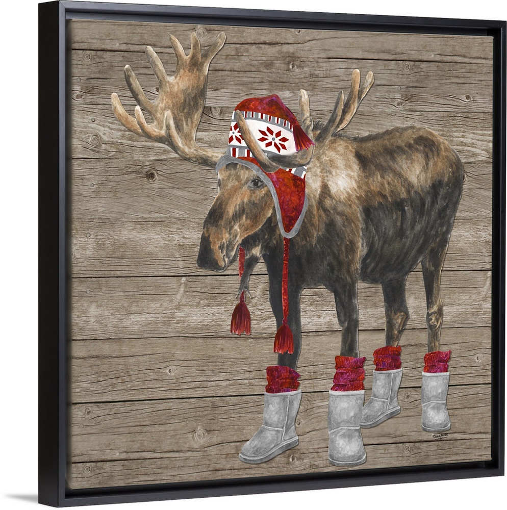 Decorative image of a buck wearing a red cap and boots with red socks against a wood panel backdrop.