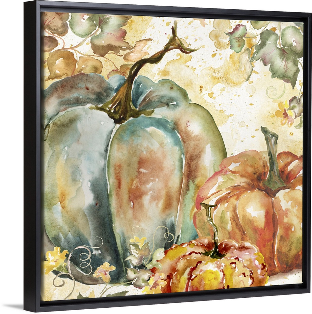 A watercolor painting of a group of pumpkins with autumn leaves in warm shades.