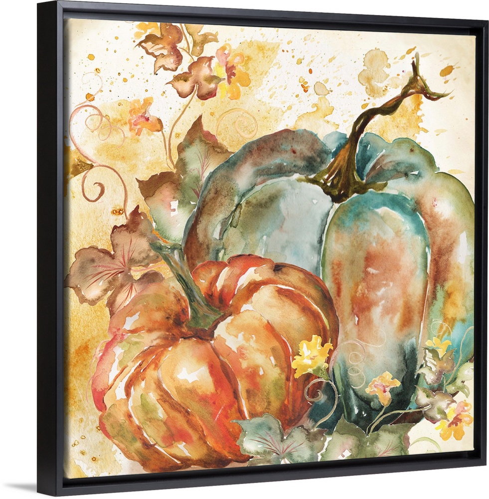 A watercolor painting of a group of pumpkins with autumn leaves in warm shades.