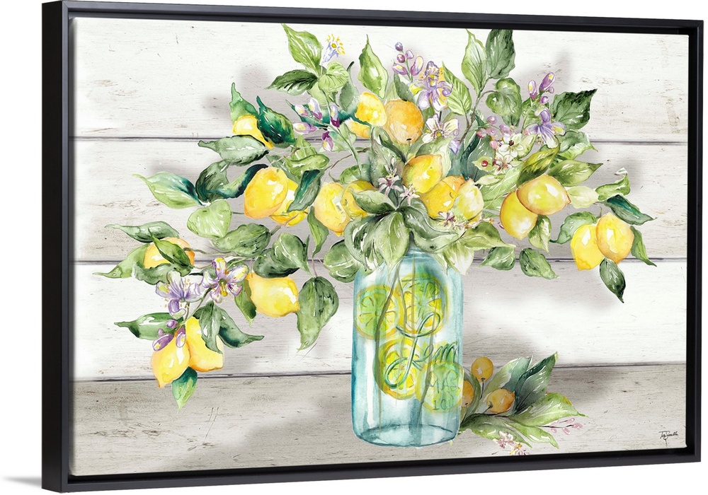 A rustic, country style image of a branch laden with lemons and lemon blossoms, in front of a white shiplap background. Th...