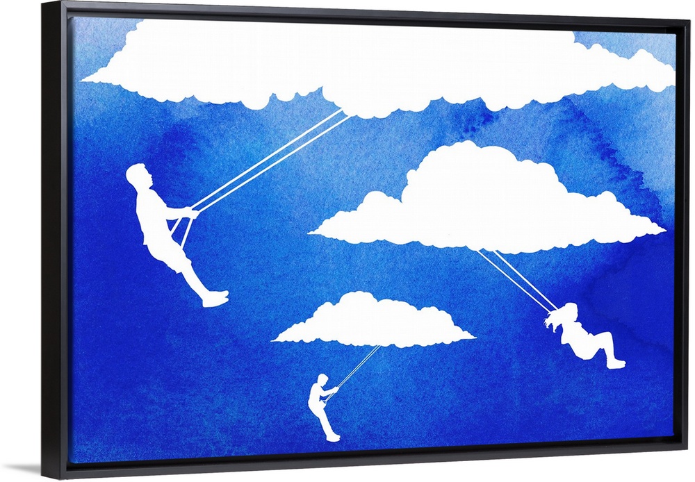 Silhouettes of children on swings attached to clouds over a watercolor texture background.