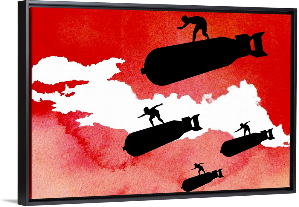 Giant silhouetted illustration of men surfing on large bombs against a rough sky filled with vibrant color.