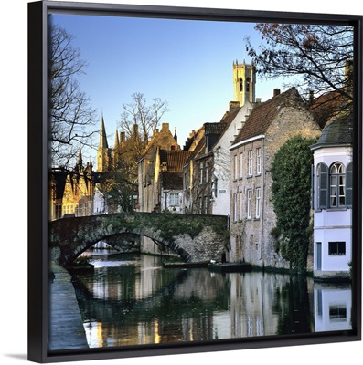 Canal view with Belfry in winter, Bruges, West Vlaanderen (Flanders), Belgium