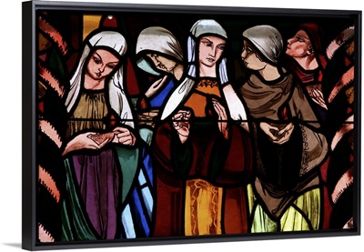 Holy virgins in the stained glass window of Saint-Joseph des Fins church, Annecy, France