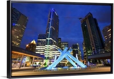 Olympic Flame burner at night near the Convention Centre, Vancouver, Canada