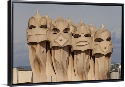 Singing chimneys, The Pop Girls, on the roof of La Pedrera, Barcelona, Catalunya, Spain