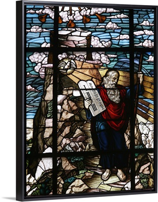 Stained glass of Moses holding the tablets of the Law, Vienna, Austria