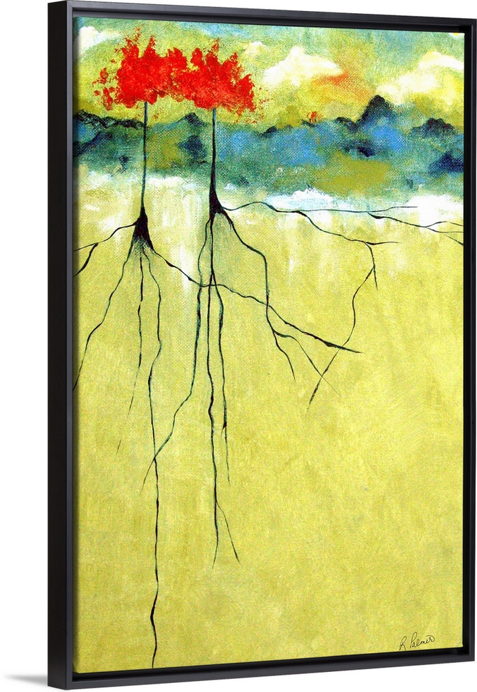 Portrait, contemporary painting on a big wall hanging of a small landscape at the very top of the image with two small tre...