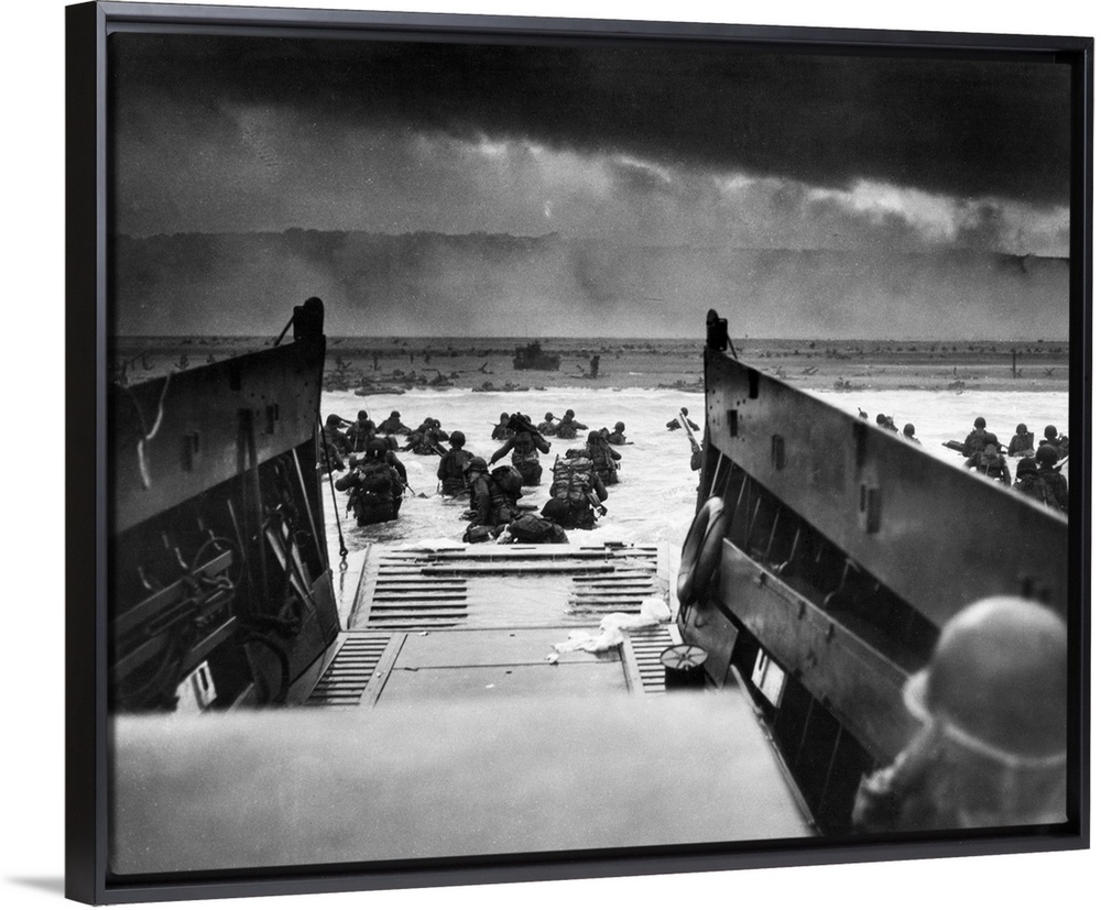 D-Day landings. US Coast Guard-manned LCVP disembarking troops on the morning of 6 June 1944 at Omaha Beach in one of the ...