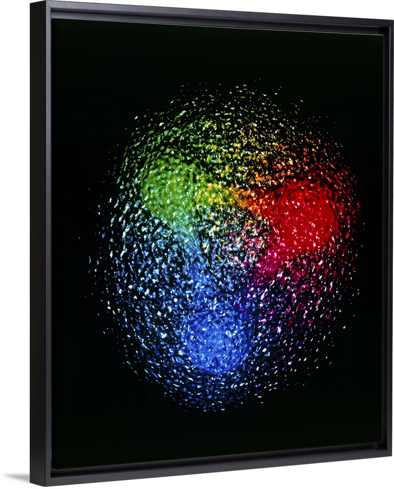 Artist's impression of a nuclear particle. This shows the particle (either a proton or a neutron) as being composed of thr...