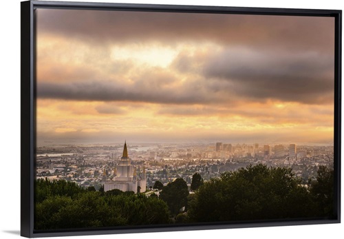 Oakland California Temple, From the Overlook, Oakland, California Stretched Canvas, Black Floating Frame