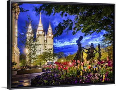 Salt Lake Temple, Kids at Play Twilight, Salt Lake City, Utah