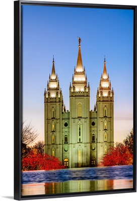Salt Lake Temple, Red Bushes at Night, Salt Lake City, Utah