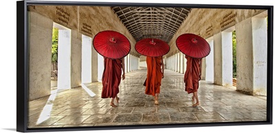 Monks walking to their monastery in Bagan, Burma