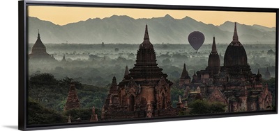 The temples and hot air balloon at sunrise in Bagan, Burma