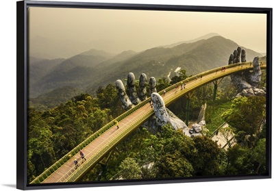 Aerial View Of The Golden Bridge Lifted By Two Giant Hands, Ba Na Hill, Da Nang, Vietnam