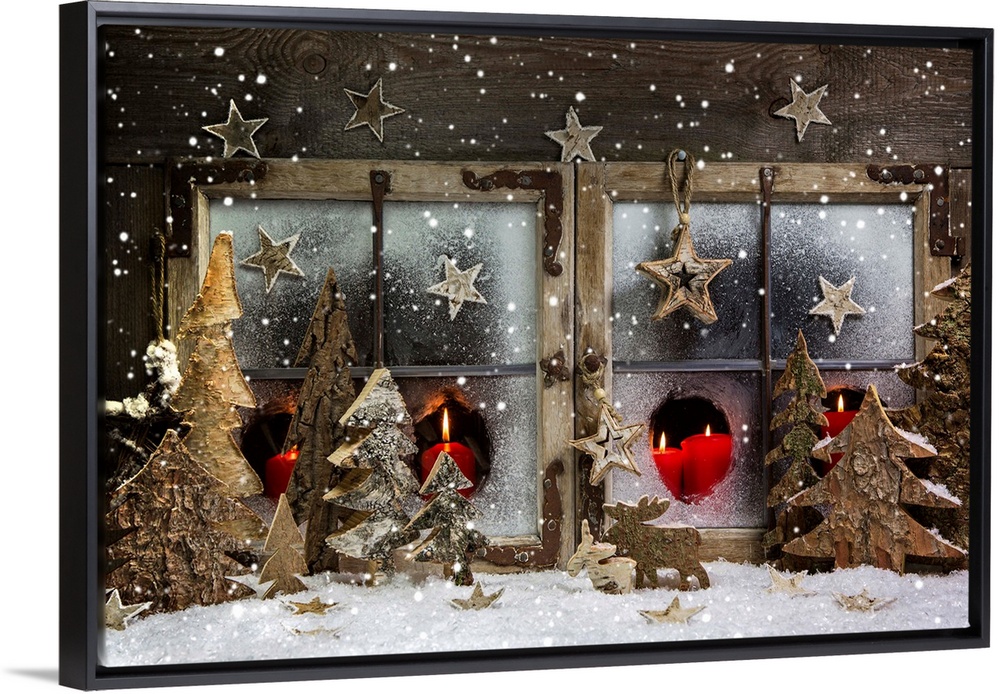 Christmas Window Decoration In Red With Wood.