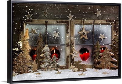 Christmas Window Decoration In Red With Wood