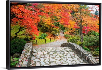 Fall Landscape With Stone Bridge And Walking Path.