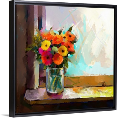 Oil painting of a flowers in a glass vase on a window sill