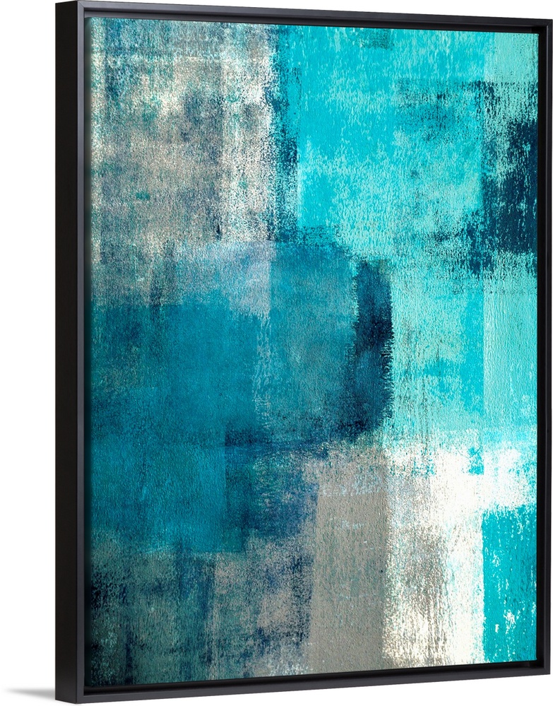 This teal and grey artwork is the perfect choice for any room or project in need of a trendy abstract.