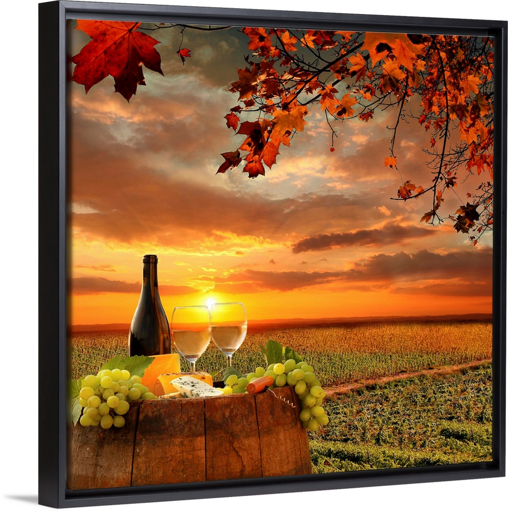 White wine on barrel in vineyard in Chianti, Tuscany, Italy.