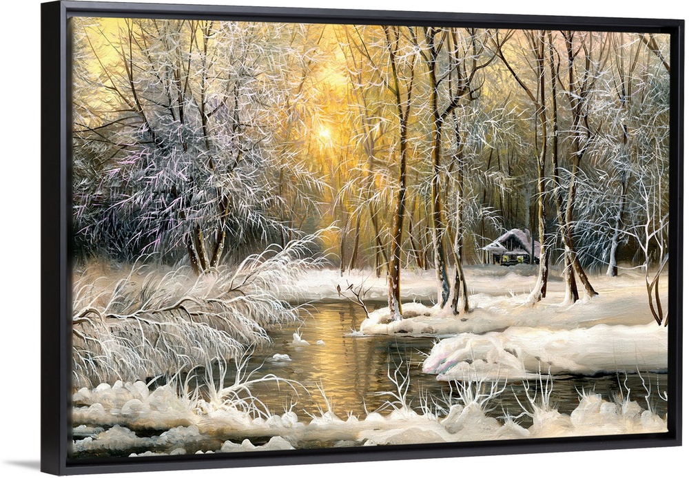 Winter landscape with the wood river