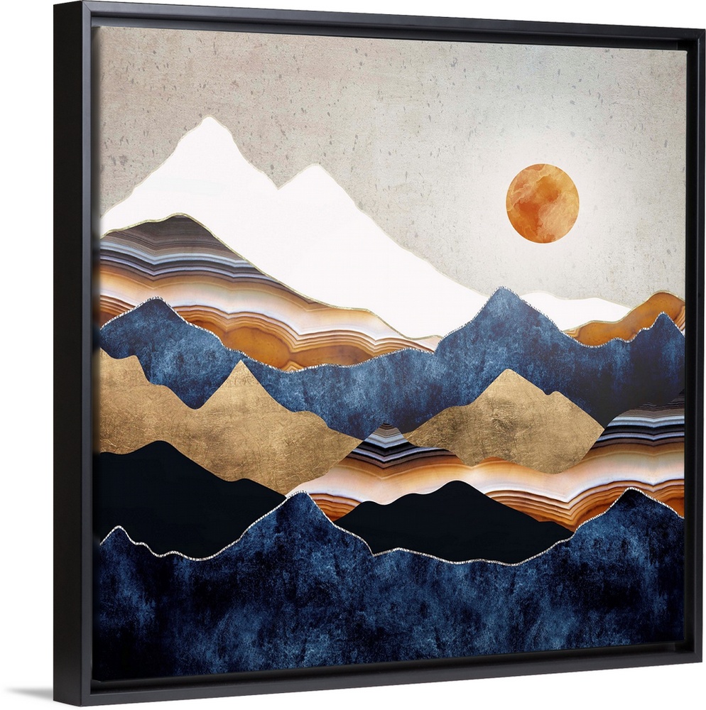 Abstract depiction of a landscape with an amber sun and mountains.