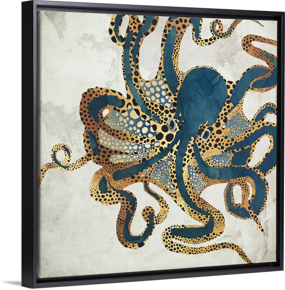 A contemporary illustration of a large octopus in shades of dark teal and gold, on a mottled grey background