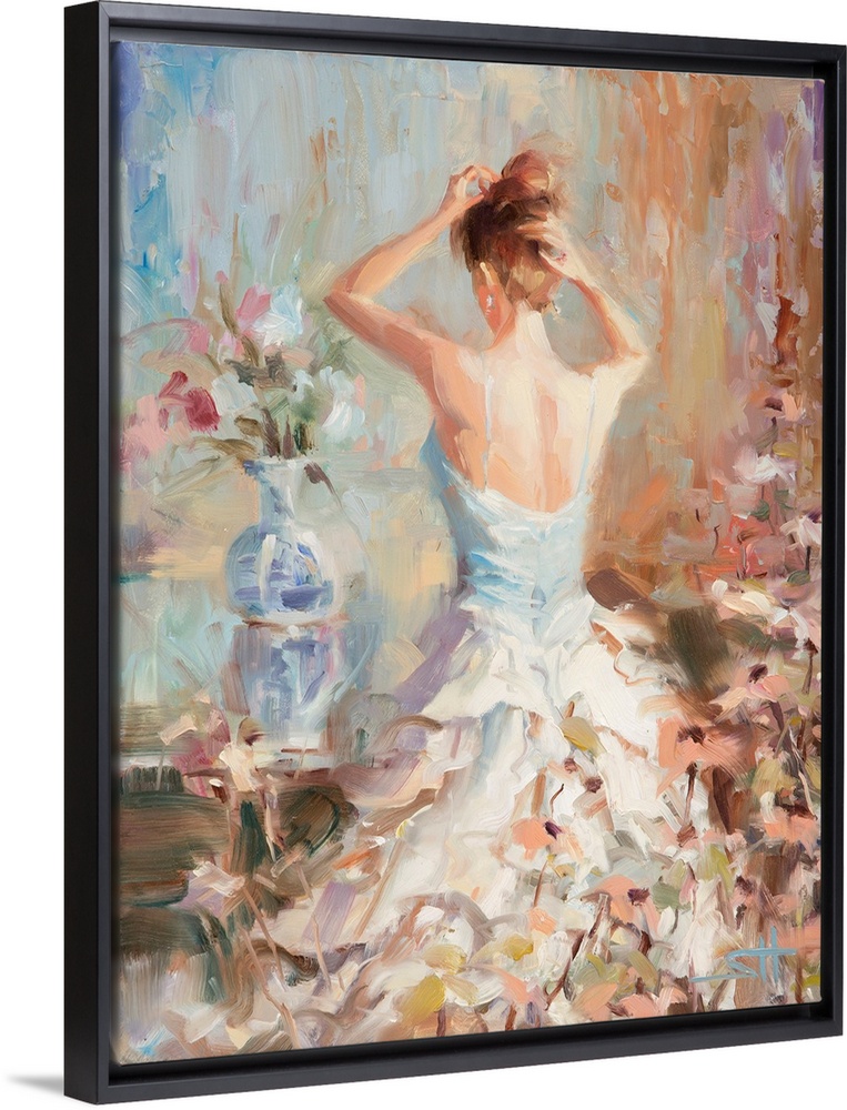 Traditional impressionist painting of an elegant woman in her boudoir or bedroom, fixing her hair and surrounded by vases ...