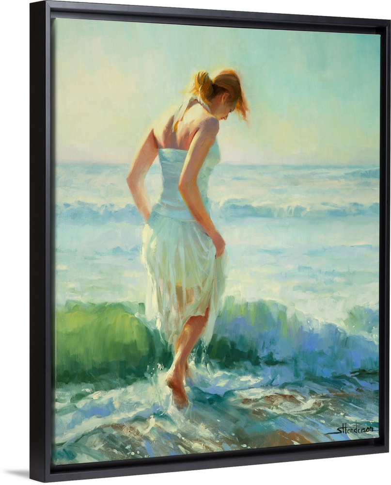 Traditional representational painting of a young woman in a sundress walking barefoot through the ocean surf. She is a red...