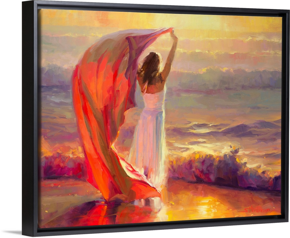 Traditional impressionist painting of a young beautiful woman standing at the beach, arms raised to the sunset