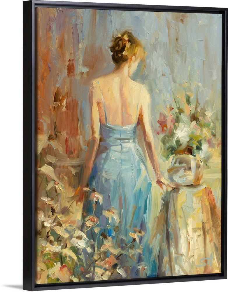Traditional impressionist painting of an elegant woman in a blue dress in a boudoir or bedroom, standing by an end table o...