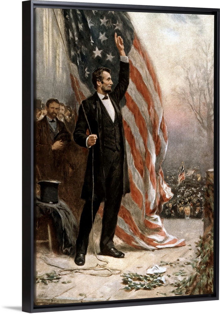 Digitally restored vintage American Civil War painting featuring President Abraham Lincoln holding the American flag as he...