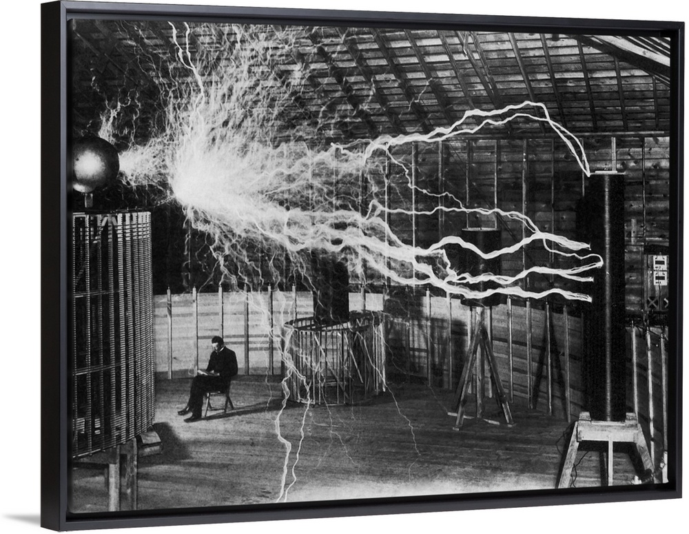 Bolts of electricity discharging in the lab of Nikola Tesla.