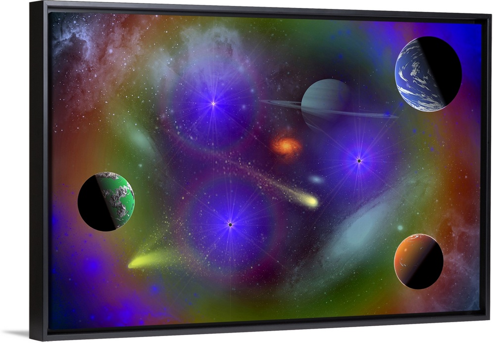 Conceptual image depicting the stars, planets and nebulae of a scene in outer space.
