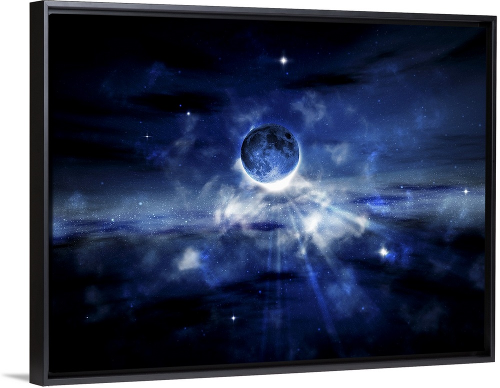 Artwork that is a digital re-creation of a planet in outer space. Light beams from behind it with cloud puffs surrounding it.