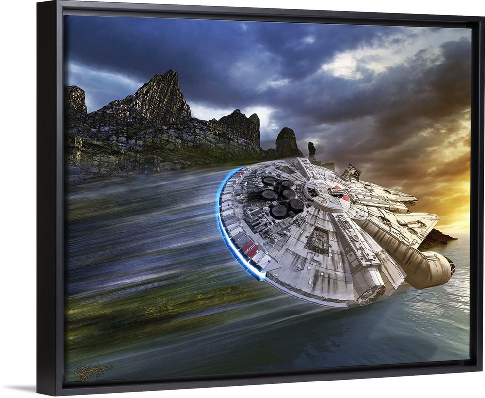 Rey piloting the Millennium Falcon over the ocean on an alien planet.