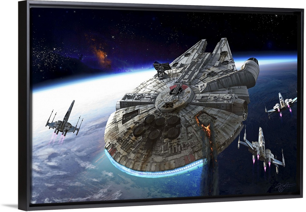 The Millennium Falcon flying over a planet with three X-Wings.