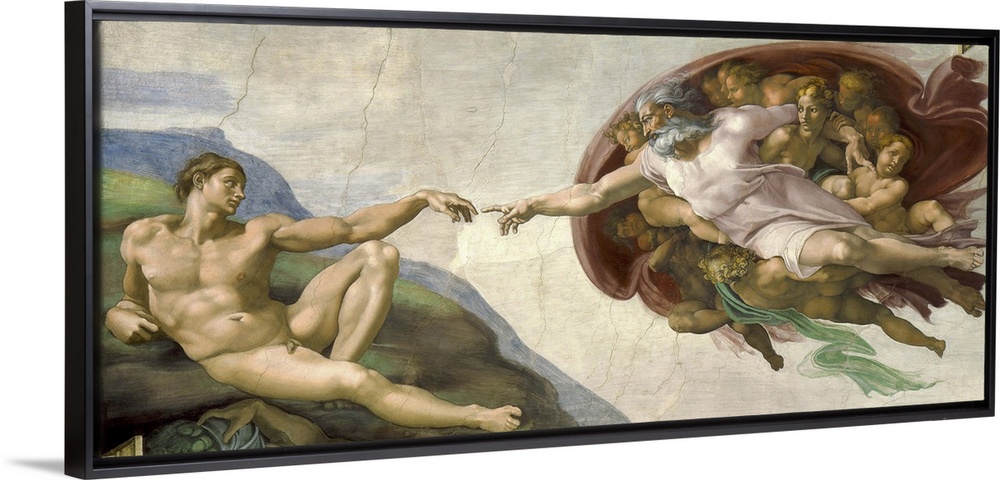 Vintage masterpiece painting of The Creation of Adam. Painted by Michelangelo on the ceiling of the Sistine Chapel, circa ...